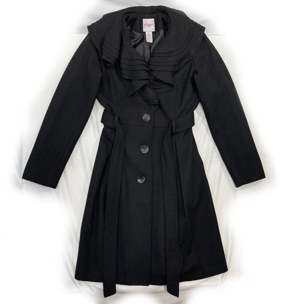 Candie's Frill Collar Wool Trench Coat Size Small Black Belted Button Down